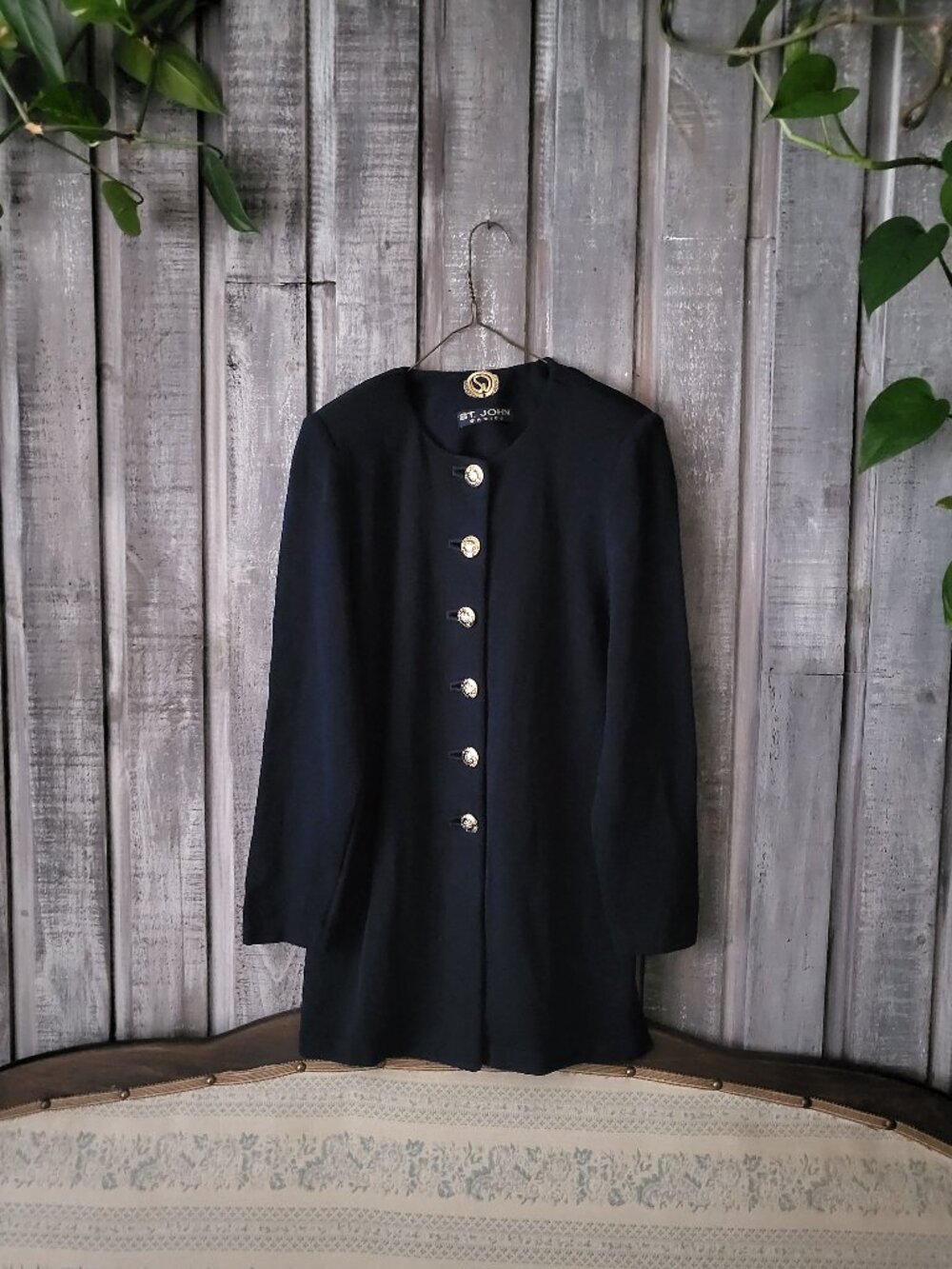 St John Basics Santana Knit Jacket Navy Blue Gold Logo Buttons Vintage S/M